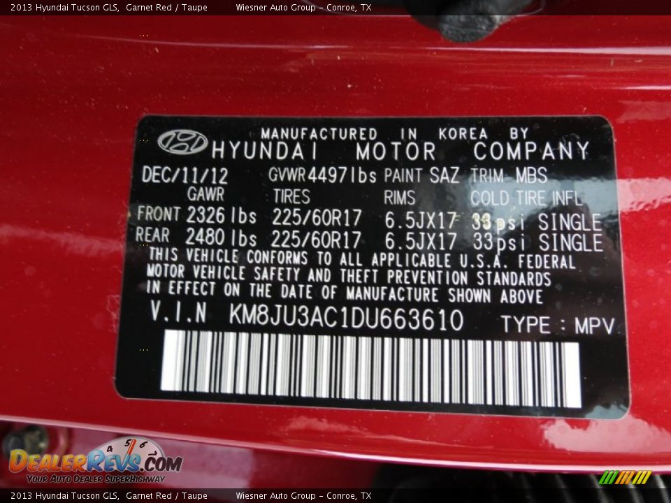 2013 Hyundai Tucson GLS Garnet Red / Taupe Photo #6