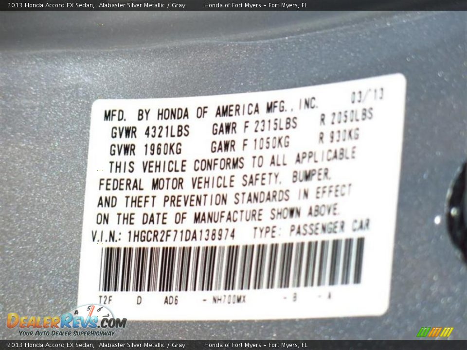 2013 Honda Accord EX Sedan Alabaster Silver Metallic / Gray Photo #10