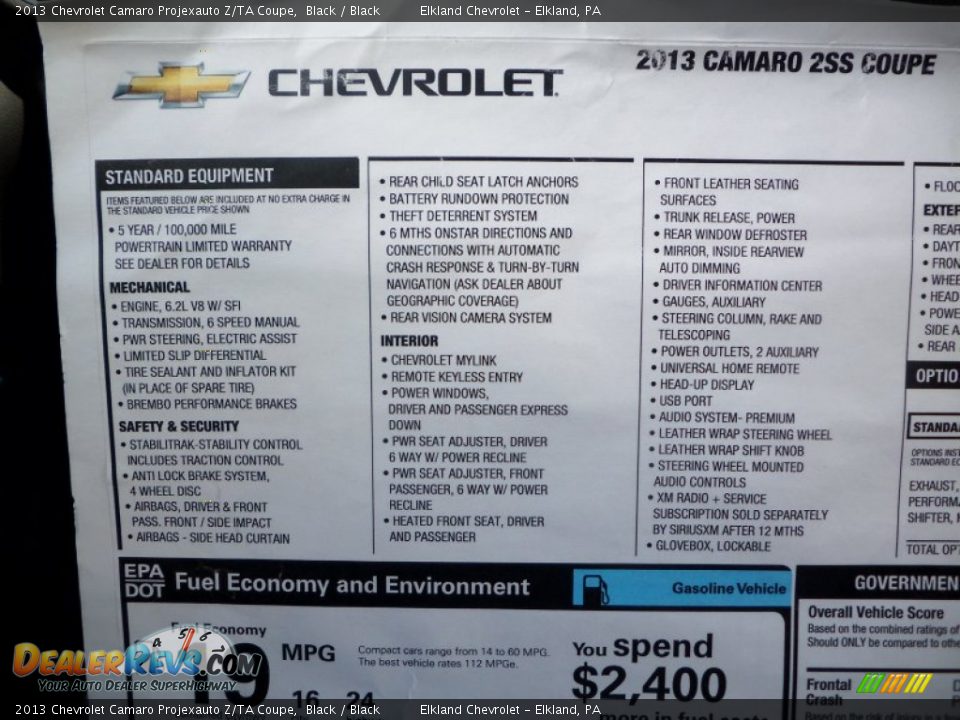 2013 Chevrolet Camaro Projexauto Z/TA Coupe Window Sticker Photo #33