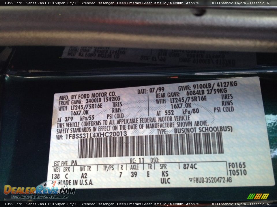 1999 Ford E Series Van E350 Super Duty XL Extended Passenger Deep Emerald Green Metallic / Medium Graphite Photo #13
