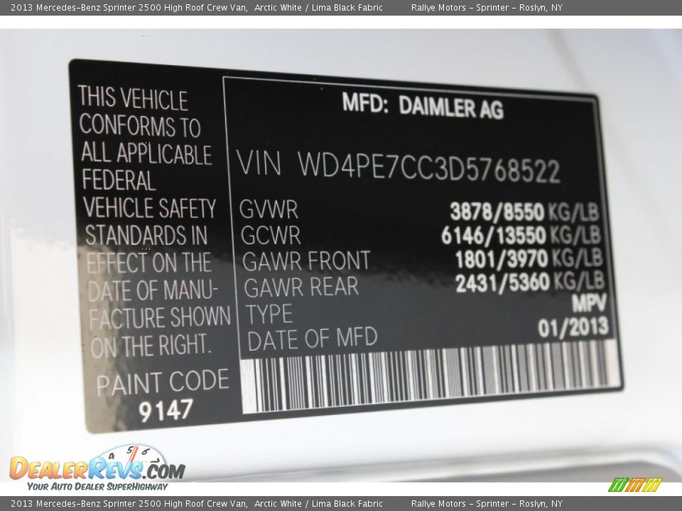 2013 Mercedes-Benz Sprinter 2500 High Roof Crew Van Arctic White / Lima Black Fabric Photo #19