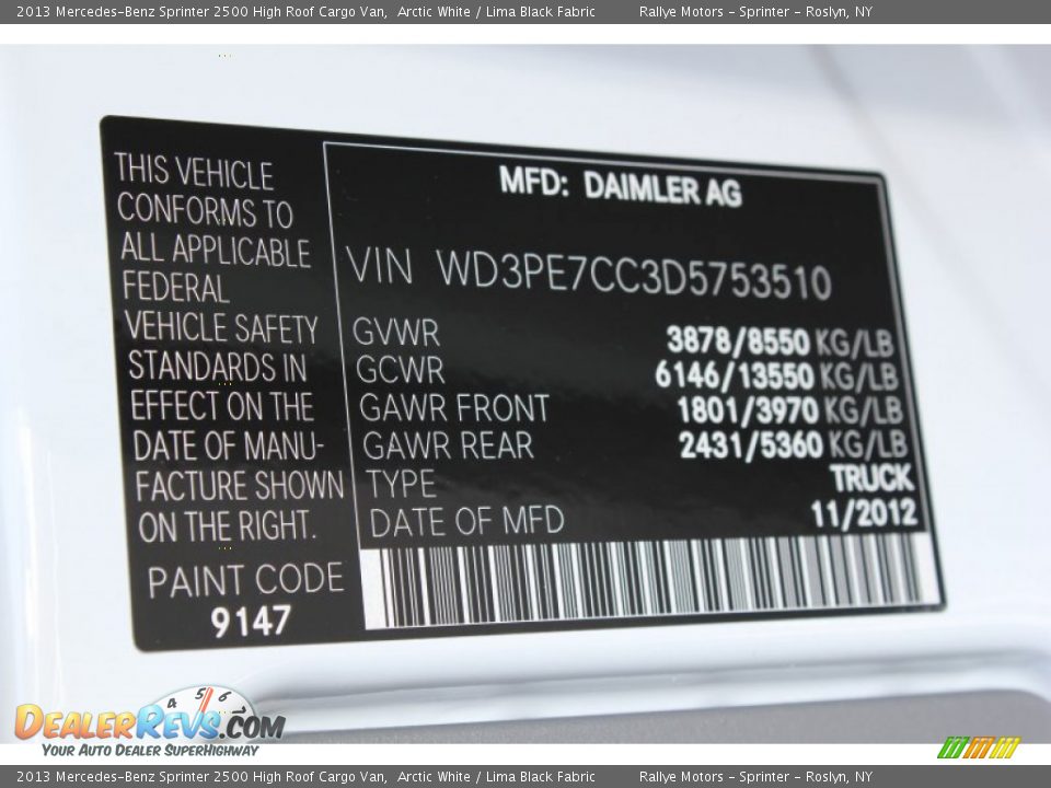 2013 Mercedes-Benz Sprinter 2500 High Roof Cargo Van Arctic White / Lima Black Fabric Photo #18