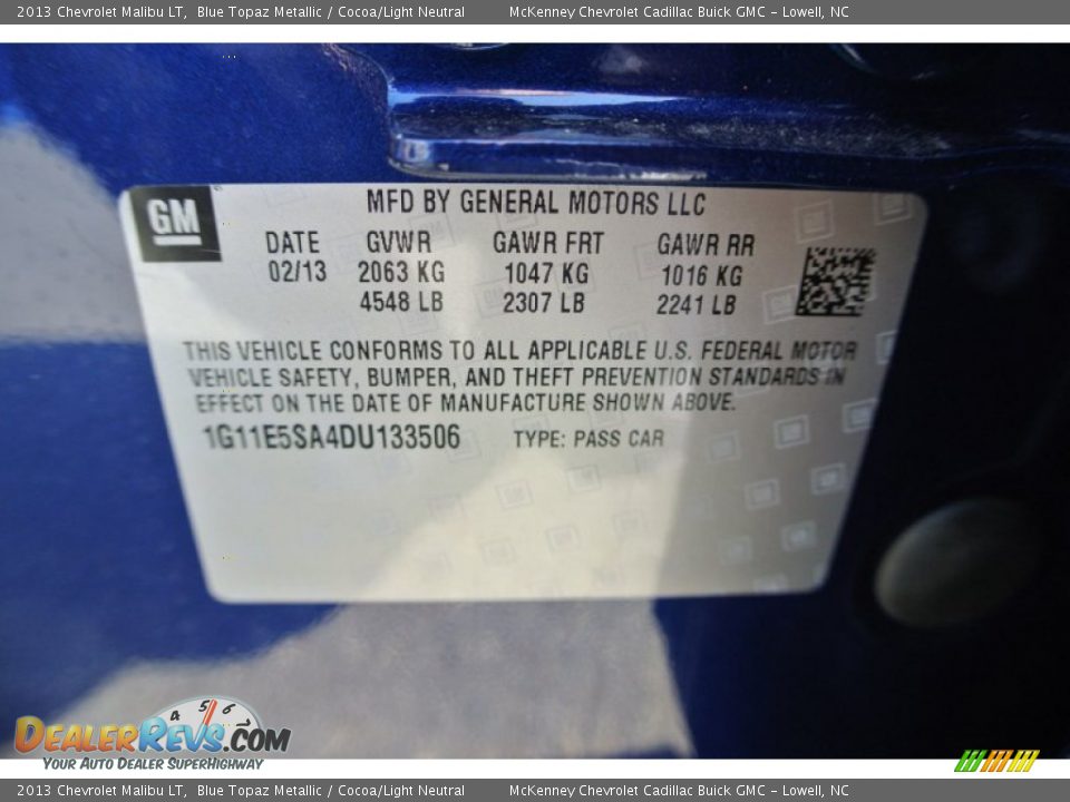 2013 Chevrolet Malibu LT Blue Topaz Metallic / Cocoa/Light Neutral Photo #7