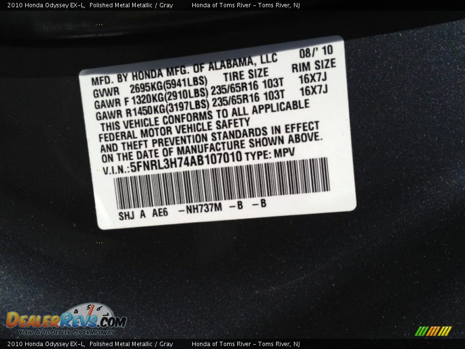2010 Honda Odyssey EX-L Polished Metal Metallic / Gray Photo #11