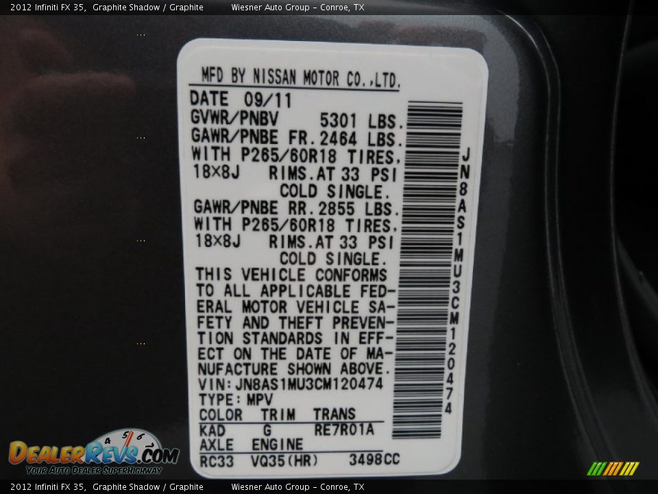 2012 Infiniti FX 35 Graphite Shadow / Graphite Photo #23