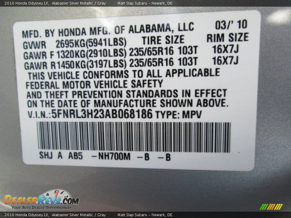 2010 Honda Odyssey LX Alabaster Silver Metallic / Gray Photo #28