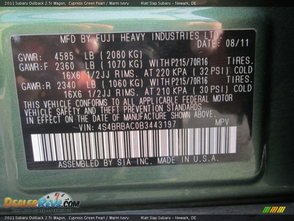 2011 Subaru Outback 2.5i Wagon Cypress Green Pearl / Warm Ivory Photo #27