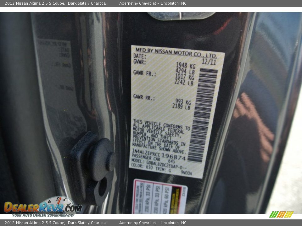 2012 Nissan Altima 2.5 S Coupe Dark Slate / Charcoal Photo #7