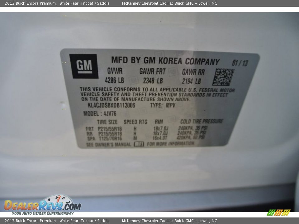2013 Buick Encore Premium White Pearl Tricoat / Saddle Photo #7