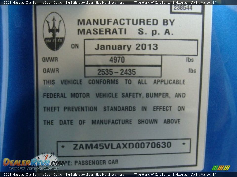 Info Tag of 2013 Maserati GranTurismo Sport Coupe Photo #31