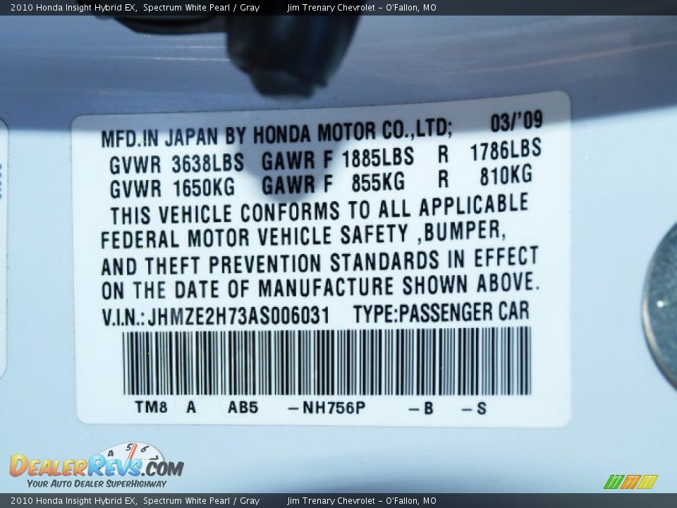 2010 Honda Insight Hybrid EX Spectrum White Pearl / Gray Photo #17