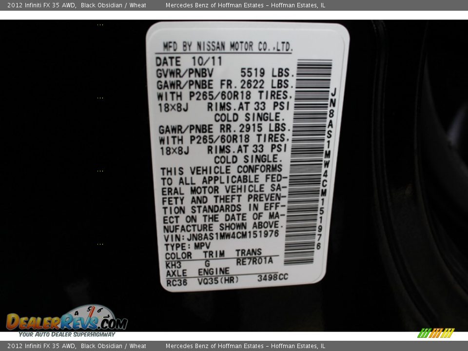 2012 Infiniti FX 35 AWD Black Obsidian / Wheat Photo #33
