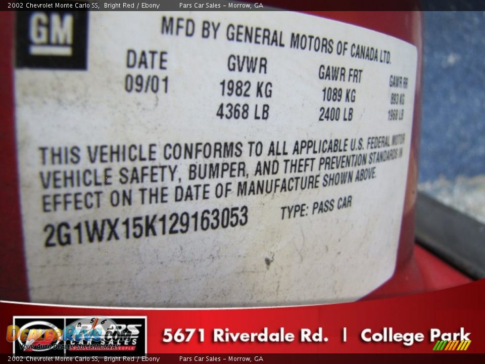 2002 Chevrolet Monte Carlo SS Bright Red / Ebony Photo #15