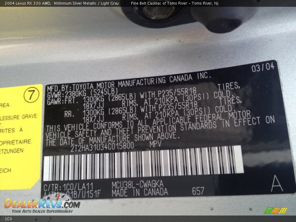 Lexus Color Code 1C0 Millinnium Silver Metallic