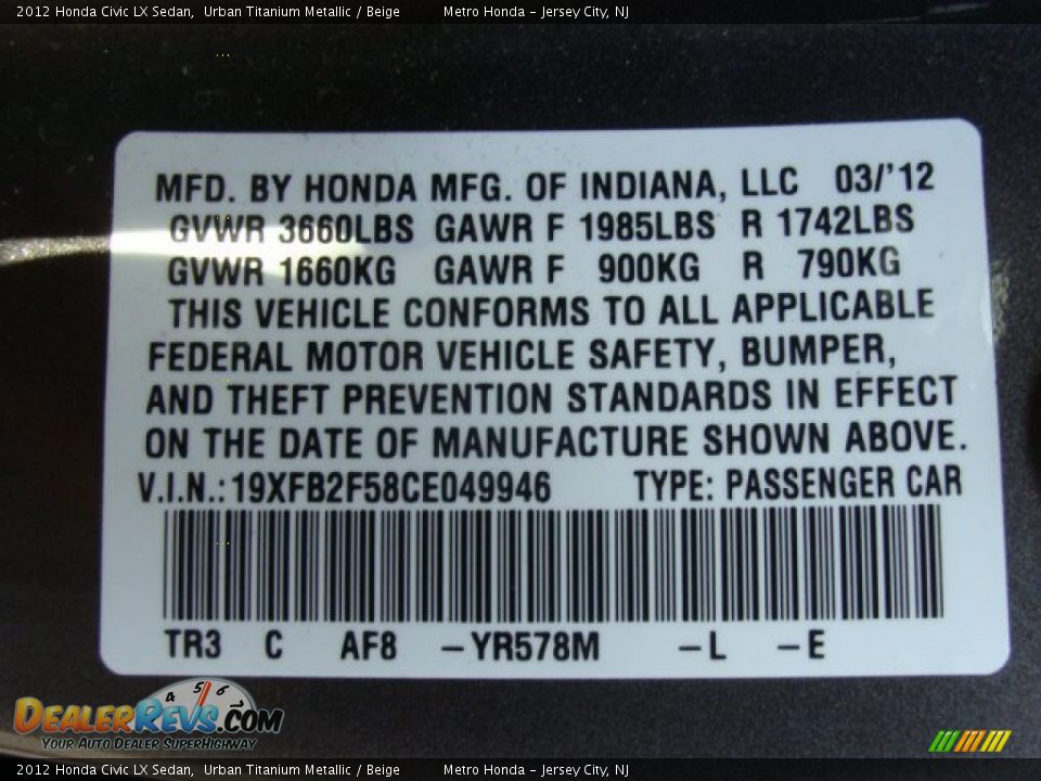 2012 Honda Civic LX Sedan Urban Titanium Metallic / Beige Photo #16