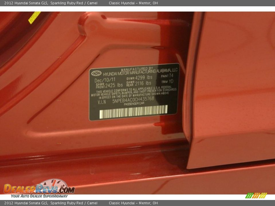 2012 Hyundai Sonata GLS Sparkling Ruby Red / Camel Photo #16