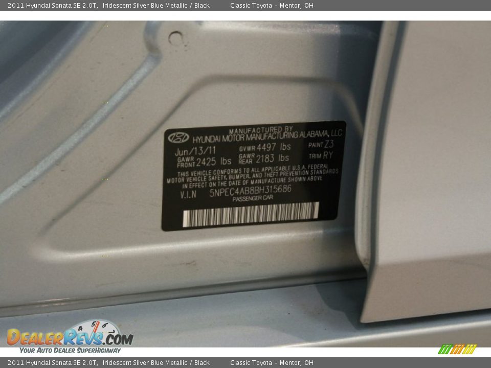 2011 Hyundai Sonata SE 2.0T Iridescent Silver Blue Metallic / Black Photo #25