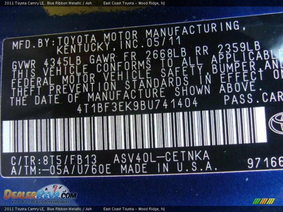 2011 Toyota Camry LE Blue Ribbon Metallic / Ash Photo #15
