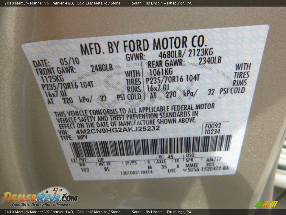 2010 Mercury Mariner V6 Premier 4WD Gold Leaf Metallic / Stone Photo #24