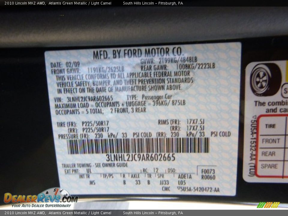 2010 Lincoln MKZ AWD Atlantis Green Metallic / Light Camel Photo #24