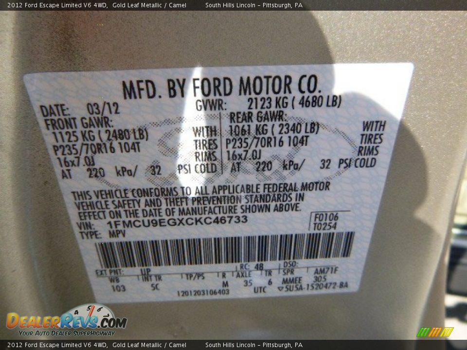 2012 Ford Escape Limited V6 4WD Gold Leaf Metallic / Camel Photo #24