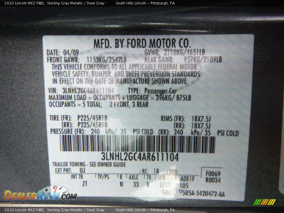 2010 Lincoln MKZ FWD Sterling Gray Metallic / Steel Gray Photo #23