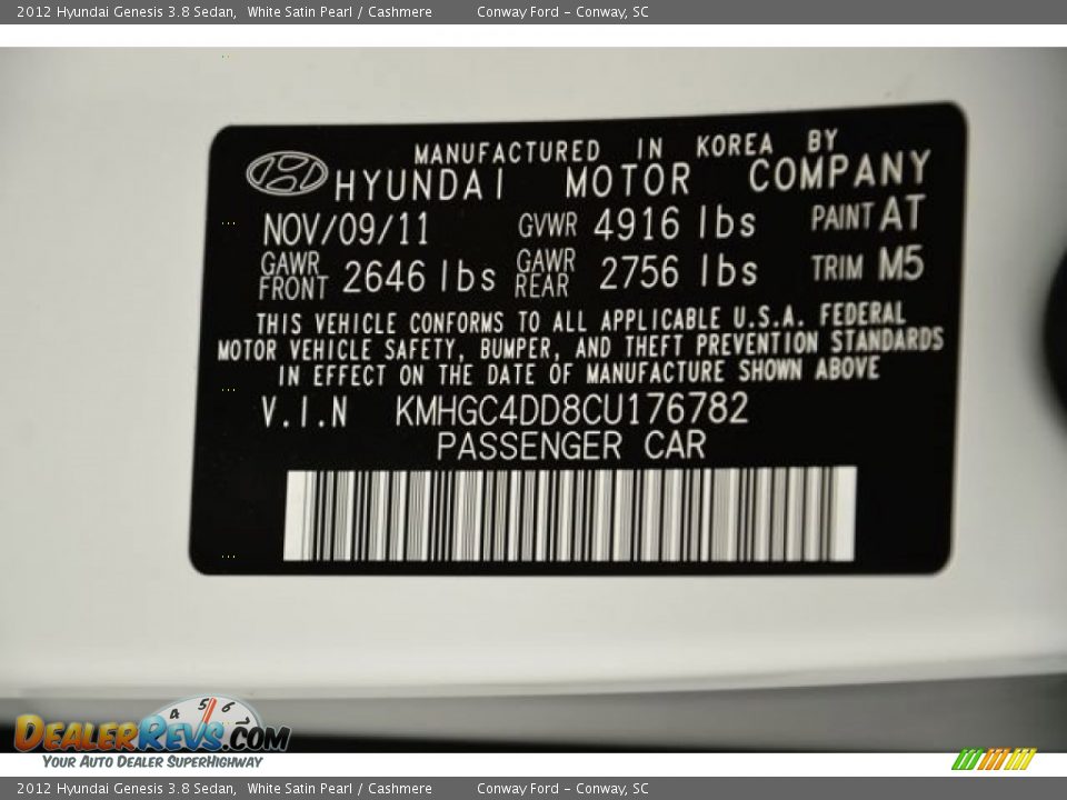 2012 Hyundai Genesis 3.8 Sedan White Satin Pearl / Cashmere Photo #30