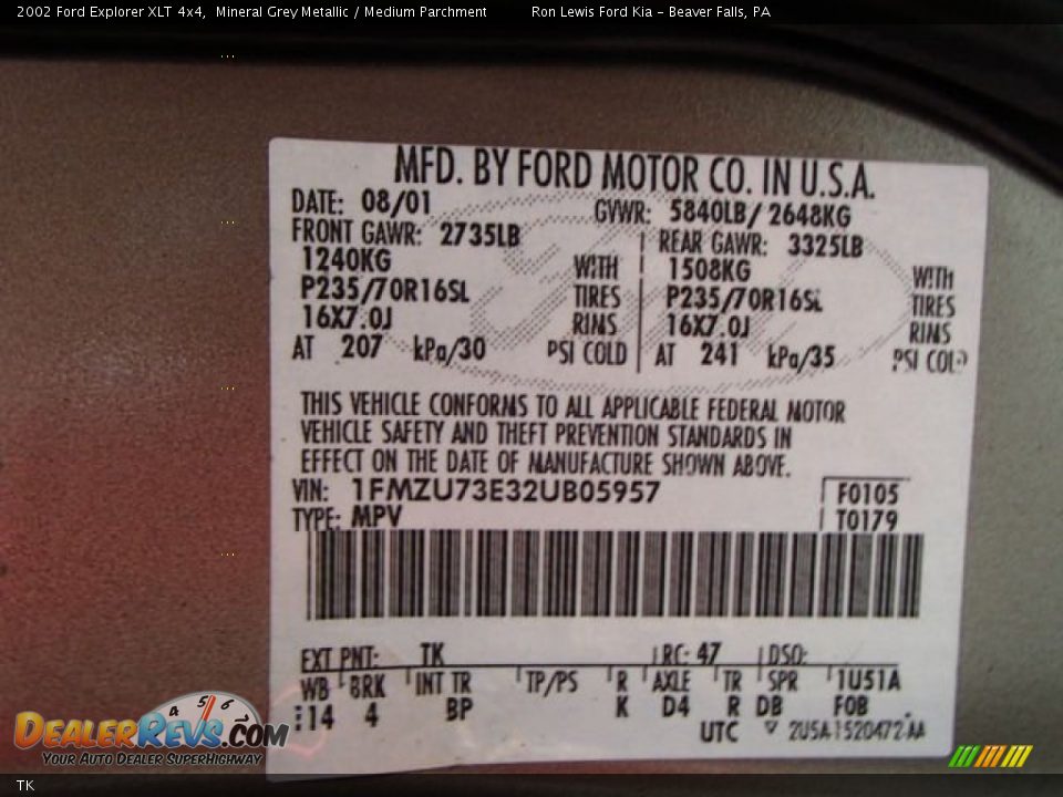 Ford Color Code TK Mineral Grey Metallic