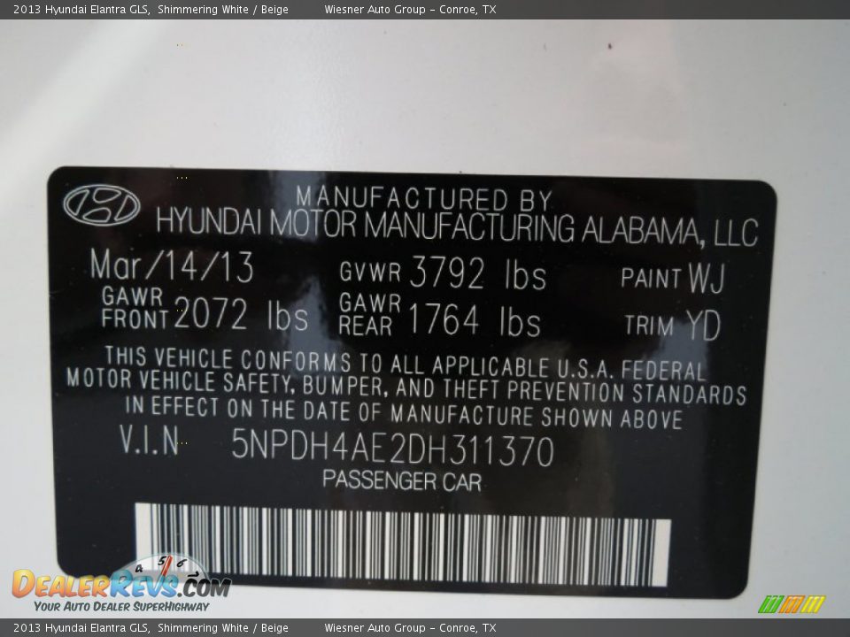 2013 Hyundai Elantra GLS Shimmering White / Beige Photo #6