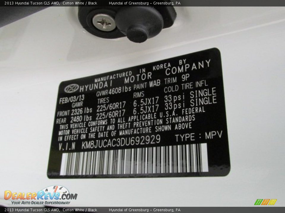 2013 Hyundai Tucson GLS AWD Cotton White / Black Photo #10