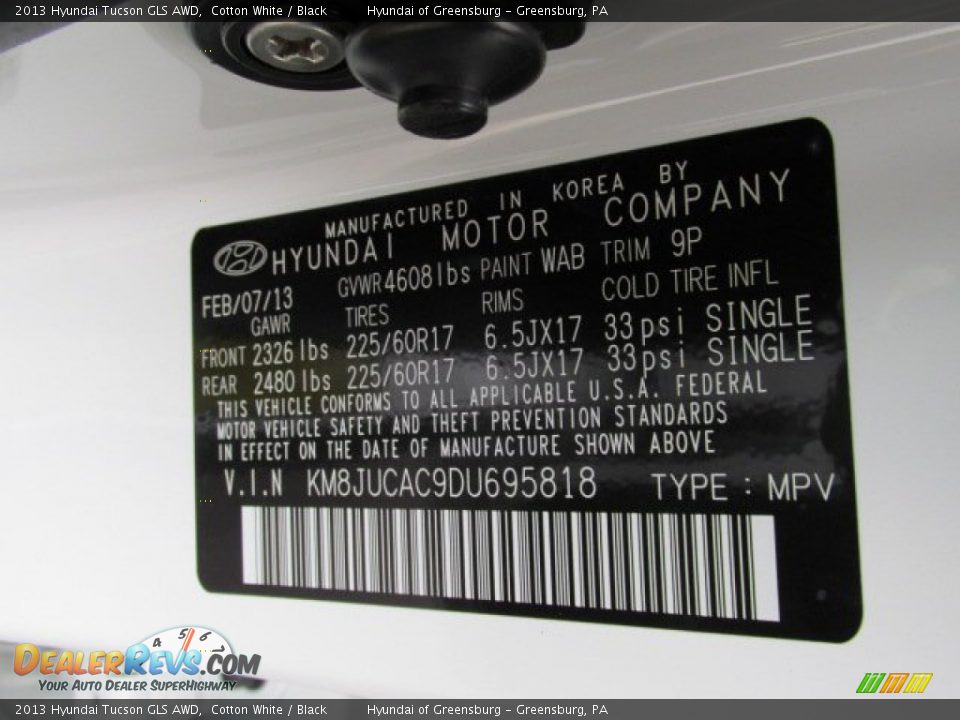 2013 Hyundai Tucson GLS AWD Cotton White / Black Photo #10