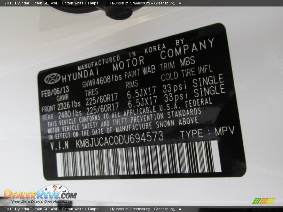 2013 Hyundai Tucson GLS AWD Cotton White / Taupe Photo #10