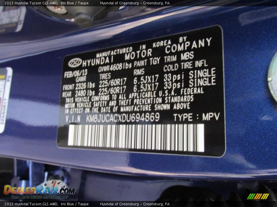 2013 Hyundai Tucson GLS AWD Iris Blue / Taupe Photo #10