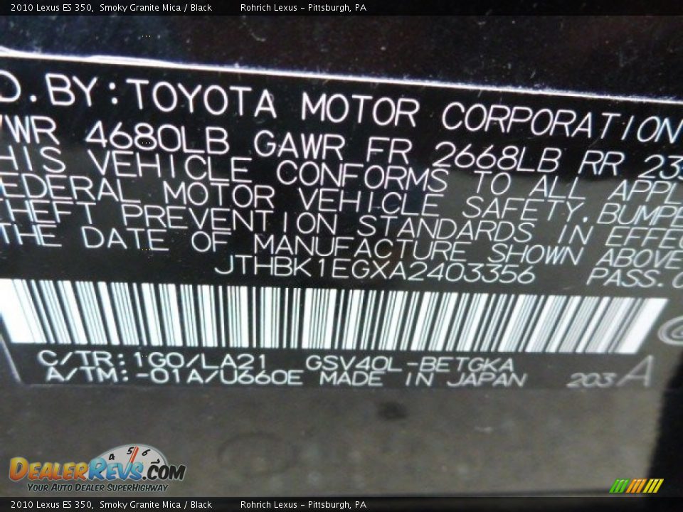 2010 Lexus ES 350 Smoky Granite Mica / Black Photo #20