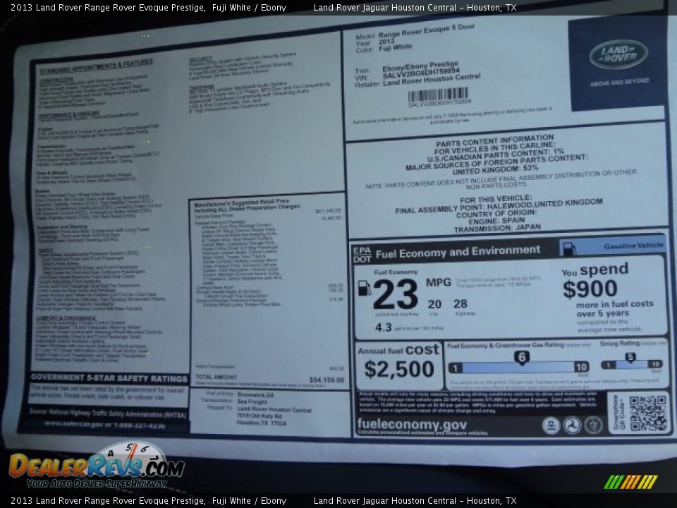 2013 Land Rover Range Rover Evoque Prestige Window Sticker Photo #13