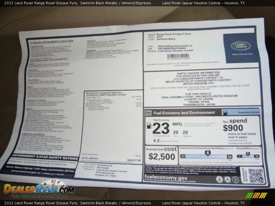 2013 Land Rover Range Rover Evoque Pure Window Sticker Photo #18