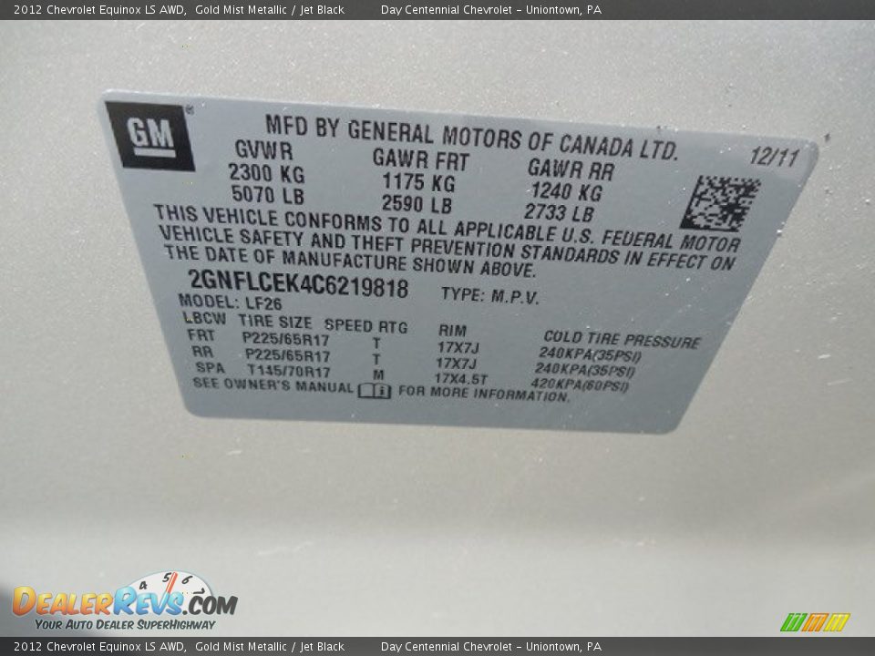 2012 Chevrolet Equinox LS AWD Gold Mist Metallic / Jet Black Photo #19