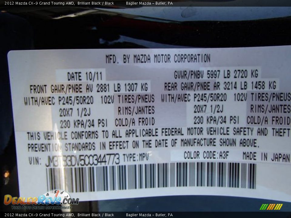 2012 Mazda CX-9 Grand Touring AWD Brilliant Black / Black Photo #25