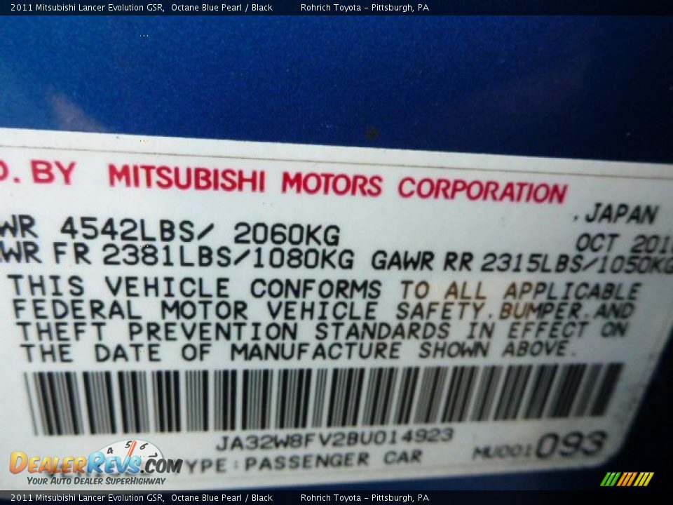 2011 Mitsubishi Lancer Evolution GSR Octane Blue Pearl / Black Photo #20