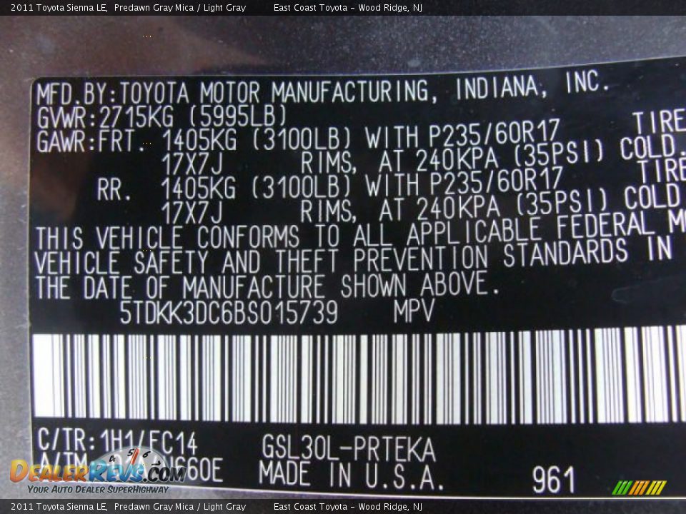 2011 Toyota Sienna LE Predawn Gray Mica / Light Gray Photo #15