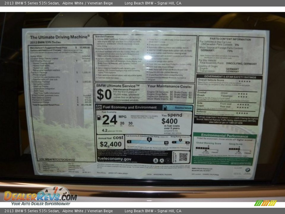 2013 BMW 5 Series 535i Sedan Alpine White / Venetian Beige Photo #5