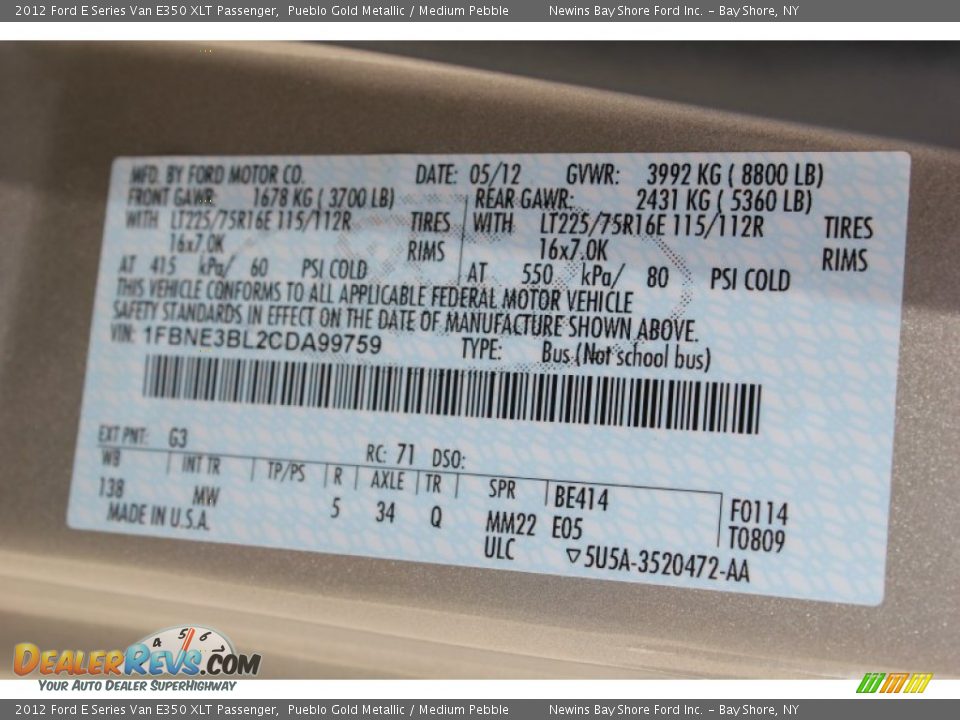 2012 Ford E Series Van E350 XLT Passenger Pueblo Gold Metallic / Medium Pebble Photo #19