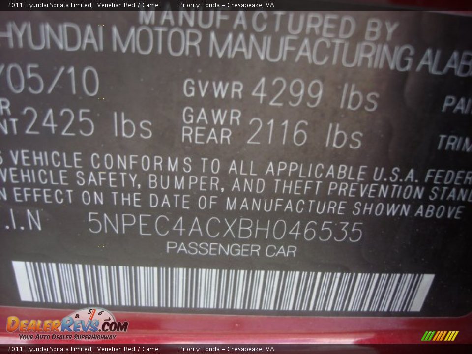 2011 Hyundai Sonata Limited Venetian Red / Camel Photo #35