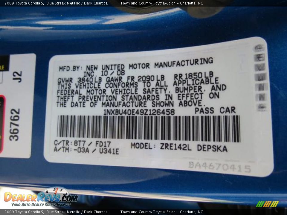2009 Toyota Corolla S Blue Streak Metallic / Dark Charcoal Photo #10