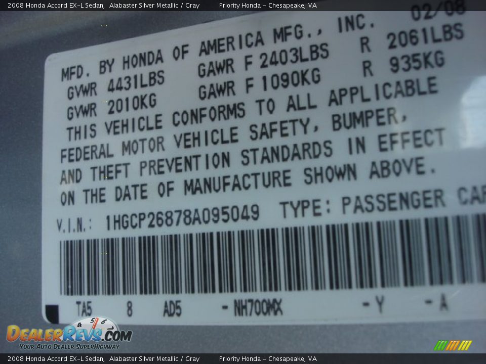 2008 Honda Accord EX-L Sedan Alabaster Silver Metallic / Gray Photo #23