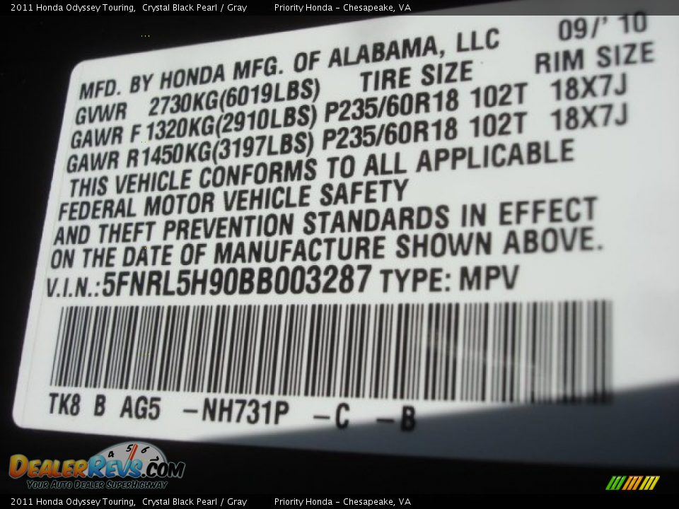 2011 Honda Odyssey Touring Crystal Black Pearl / Gray Photo #33