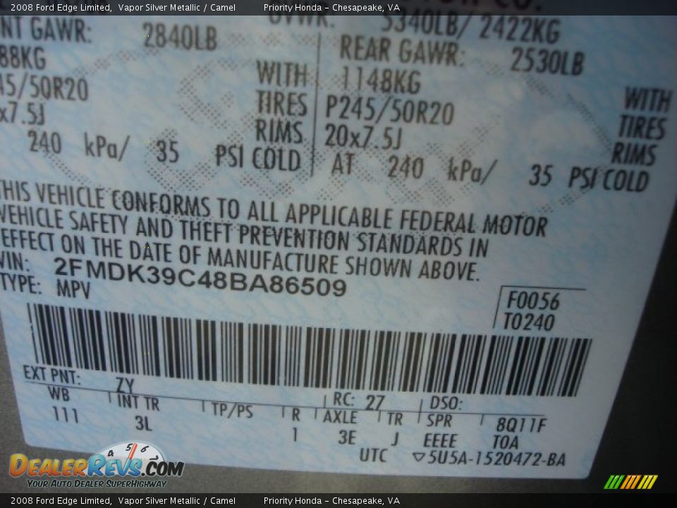 2008 Ford Edge Limited Vapor Silver Metallic / Camel Photo #36