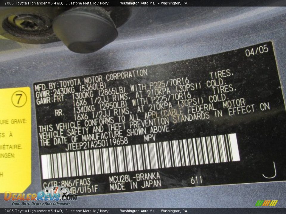 2005 Toyota Highlander V6 4WD Bluestone Metallic / Ivory Photo #19