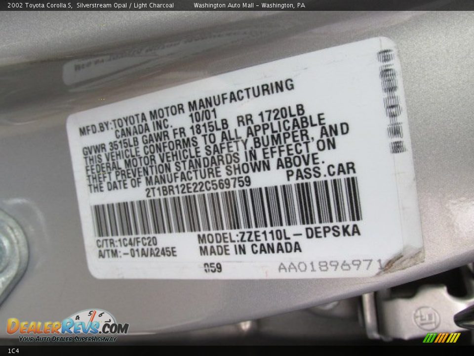 Toyota Color Code 1C4 Silverstream Opal