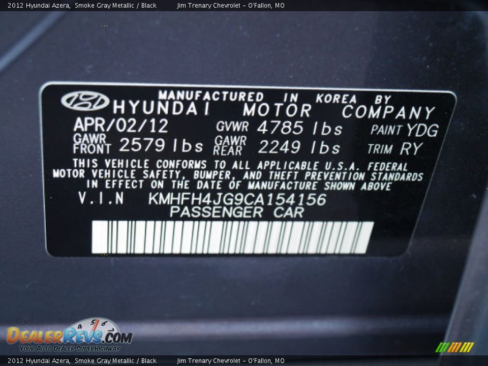 2012 Hyundai Azera Smoke Gray Metallic / Black Photo #17